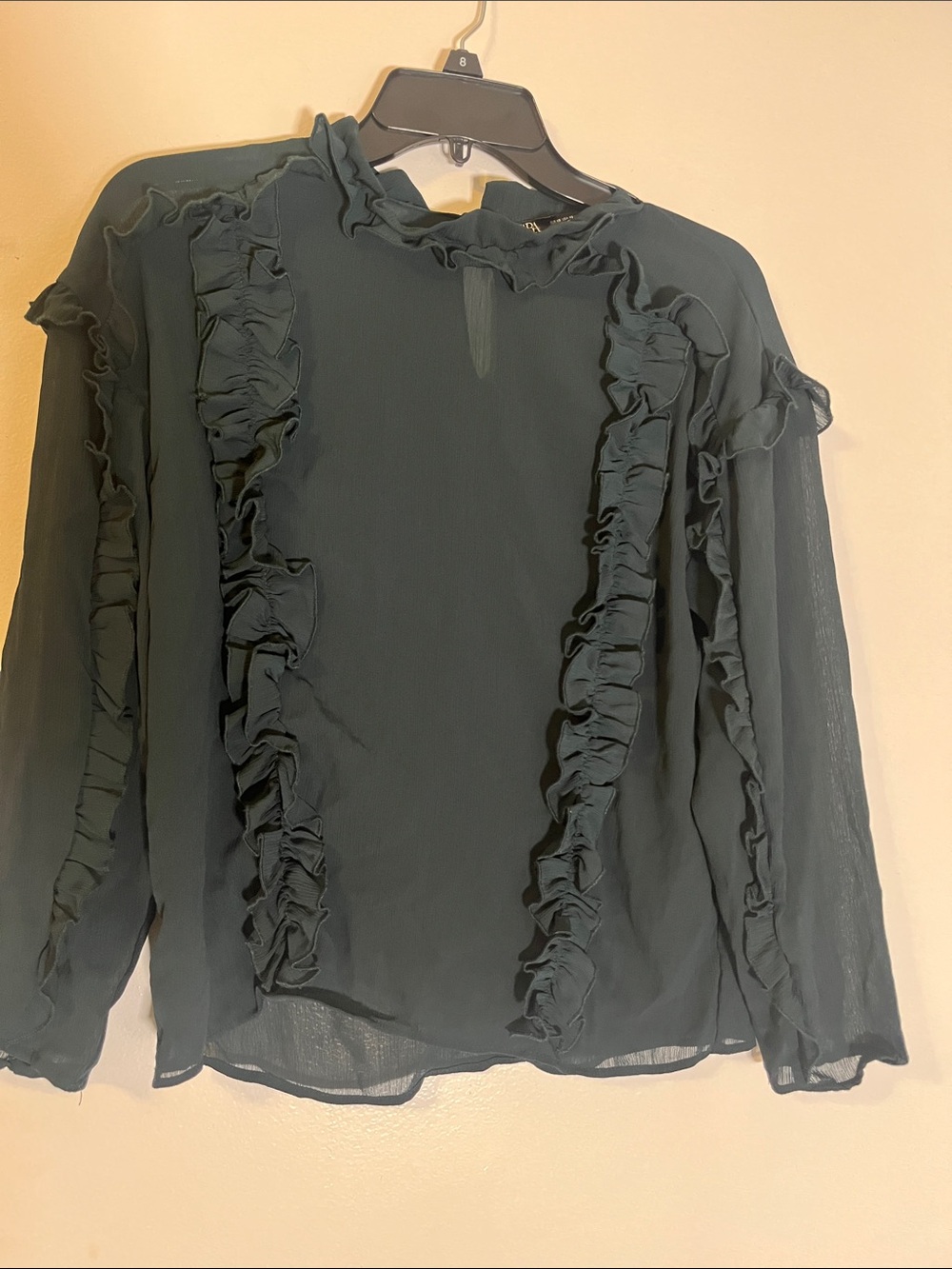 Zara XS Victorian Whimsagoth Hunter  Green Ruffled Chiffon Blouse